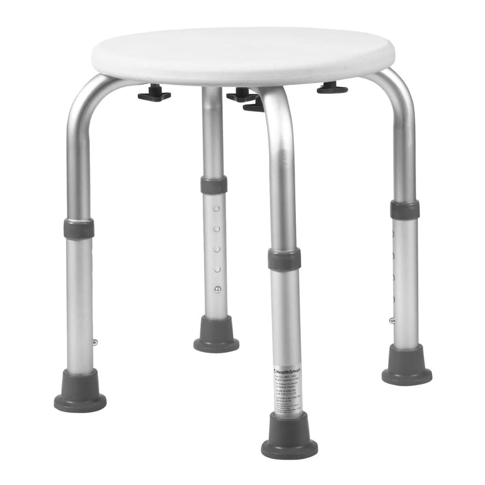 Adjustable height stool with white seat and metal frame on a white background