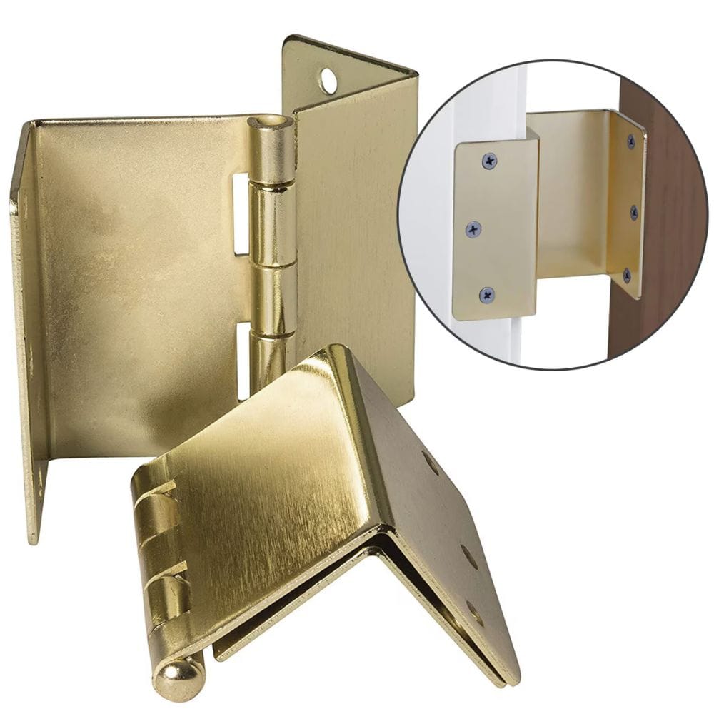 Brass hinge with a close-up inset showing screws on a white background