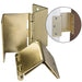 Brass hinge with a close-up inset showing screws on a white background