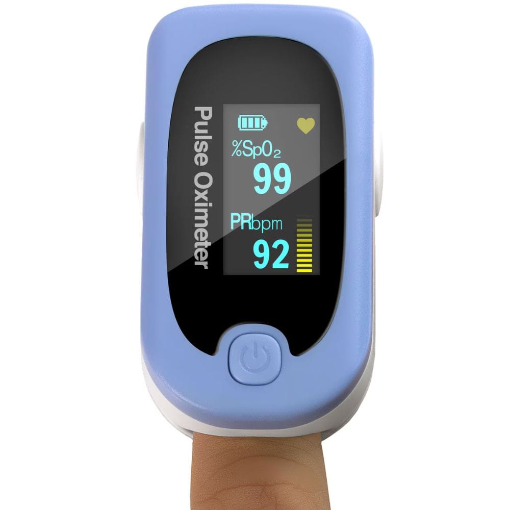 Pulse oximeter on a finger with a white background