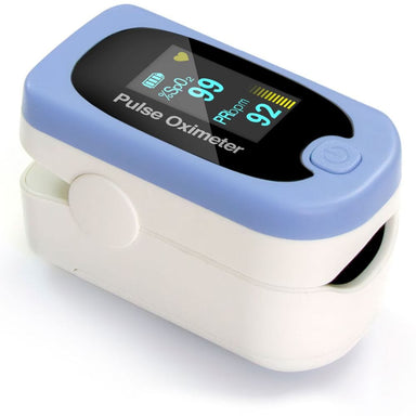 Finger pulse oximeter with blue and white design on a white background