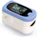 Finger pulse oximeter with blue and white design on a white background