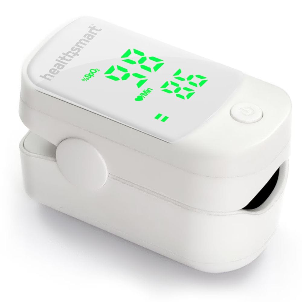 White pulse oximeter with green digital display on a white background