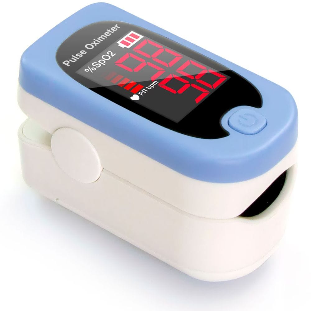 Finger pulse oximeter with blue and white design on a white background