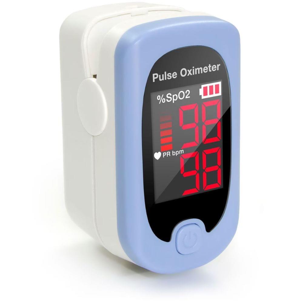 Pulse oximeter with digital display on a white background