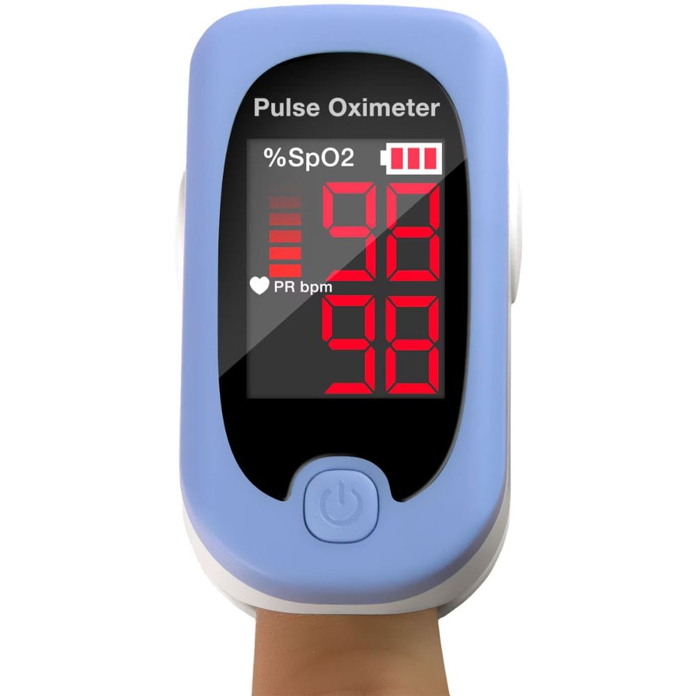 Pulse oximeter with blue casing on a white background