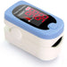 Finger pulse oximeter with blue and white design on a white background