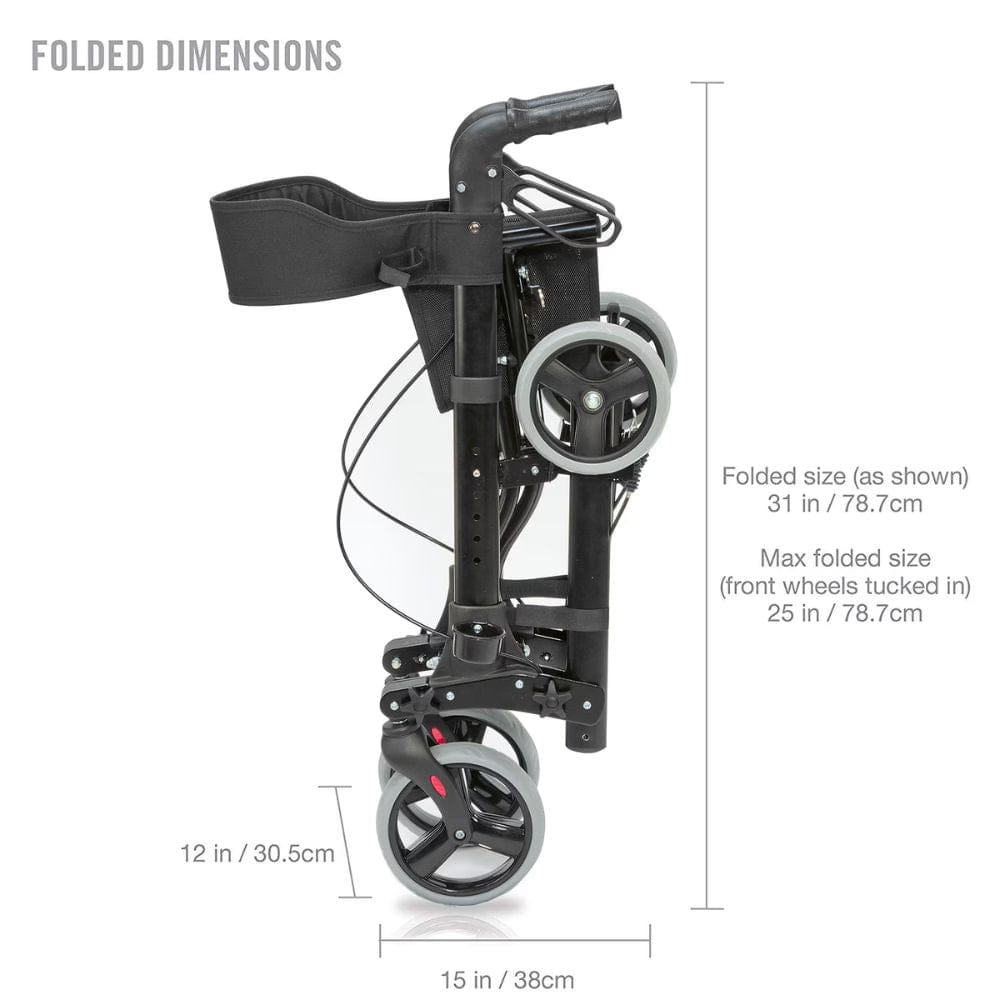 Folded scooter with dimensions labeled on a white background