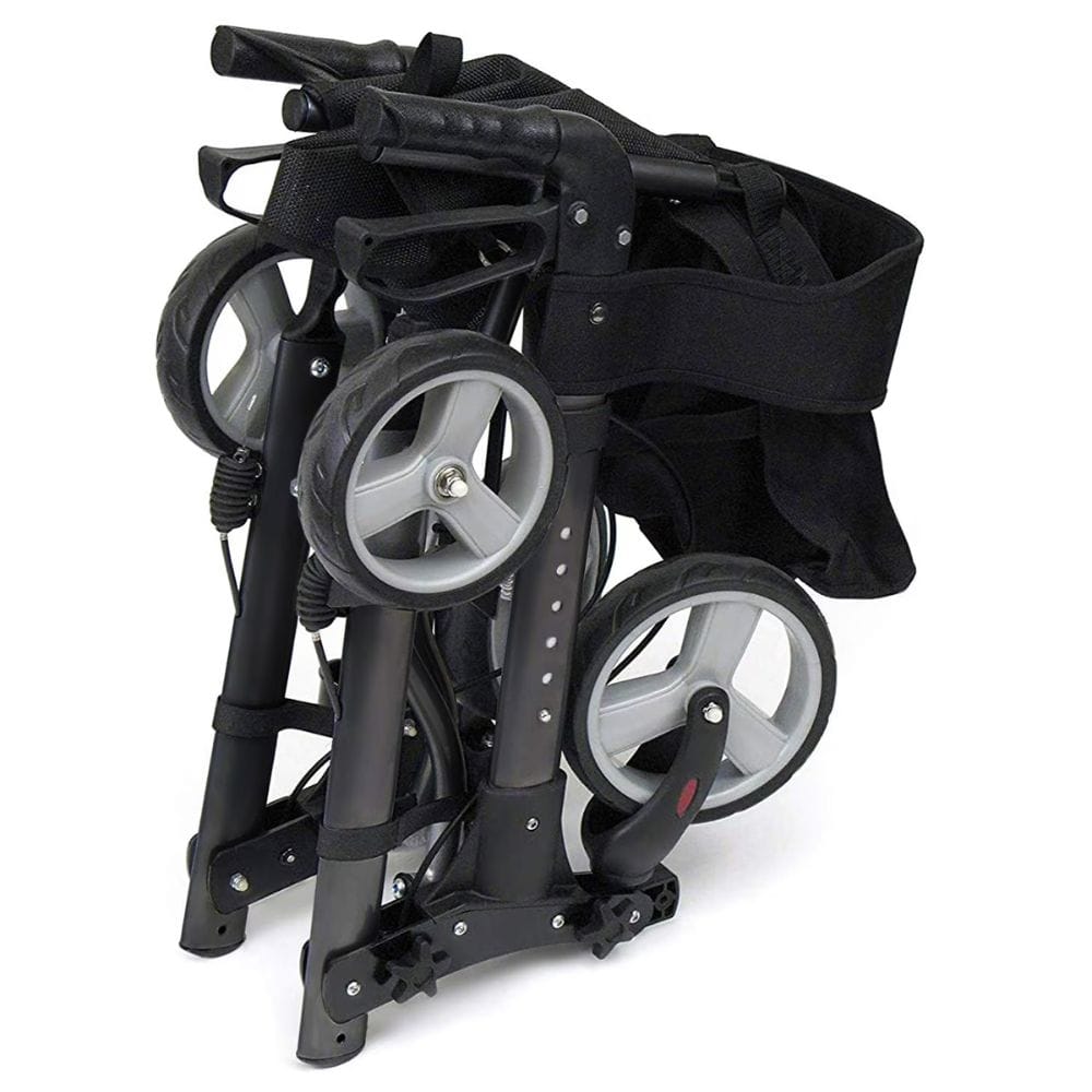 Folded black stroller with gray wheels on a white background