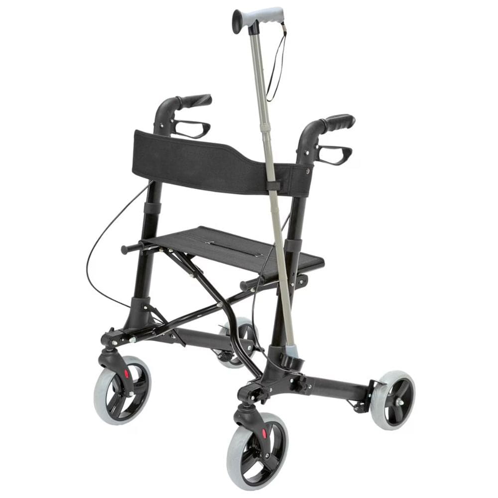 Black walker with seat and cane on a white background