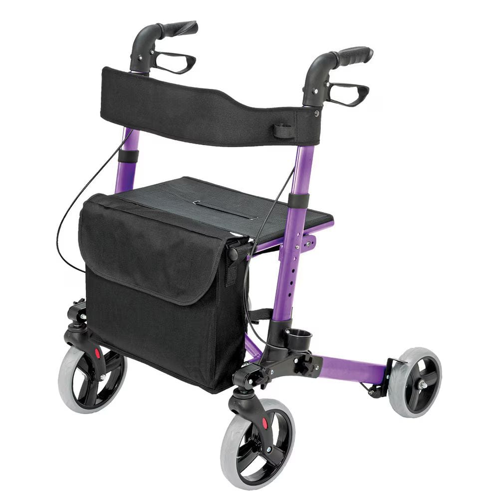 Purple and black rollator with a bag on a white background