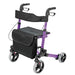 Purple and black rollator with a bag on a white background