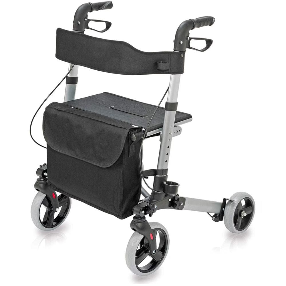 Black and silver rollator with a bag on a white background
