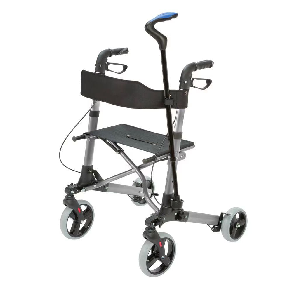 Rollator with seat and cane attachment on a white background