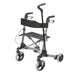 Rollator with seat and cane attachment on a white background