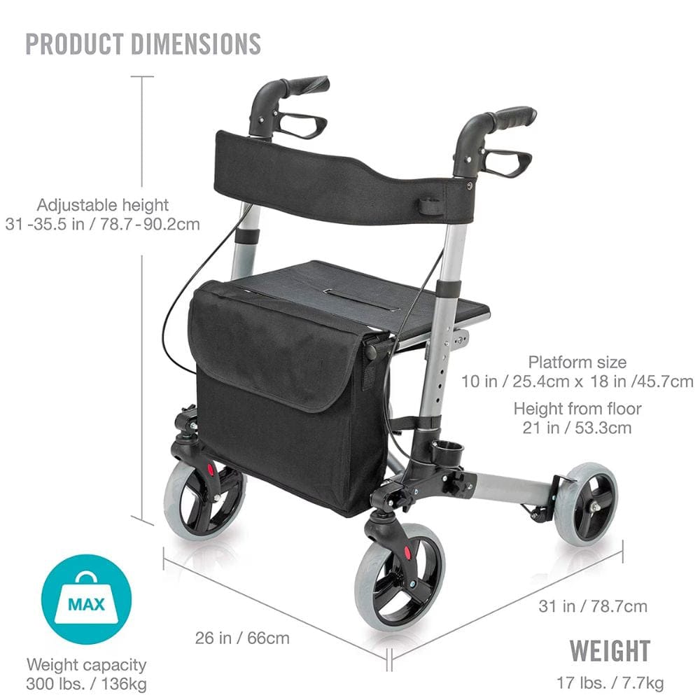 Black rollator with measurements on a white background