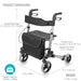 Black rollator with measurements on a white background
