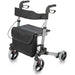 Black and silver rollator with a bag on a white background