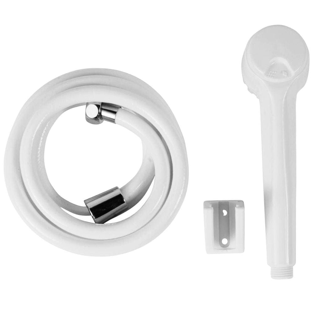Shower head, hose, and bracket on a white background