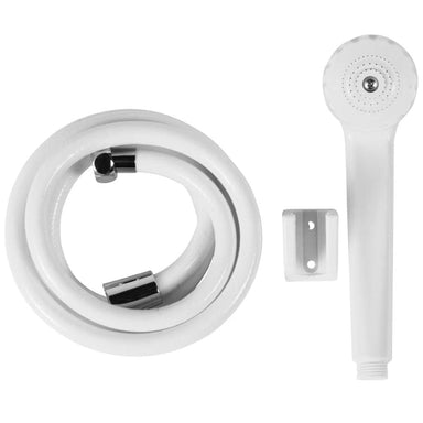 Shower head, hose, and bracket on a white background