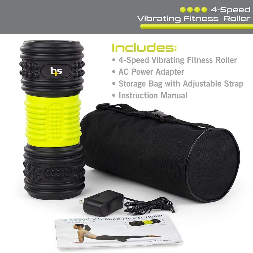 4-Speed Vibrating Fitness Roller with AC Power Adapter, Storage Bag, and Instruction Manual on a white background