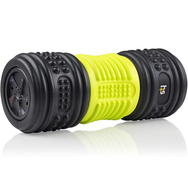 Black and yellow foam roller on a white background
