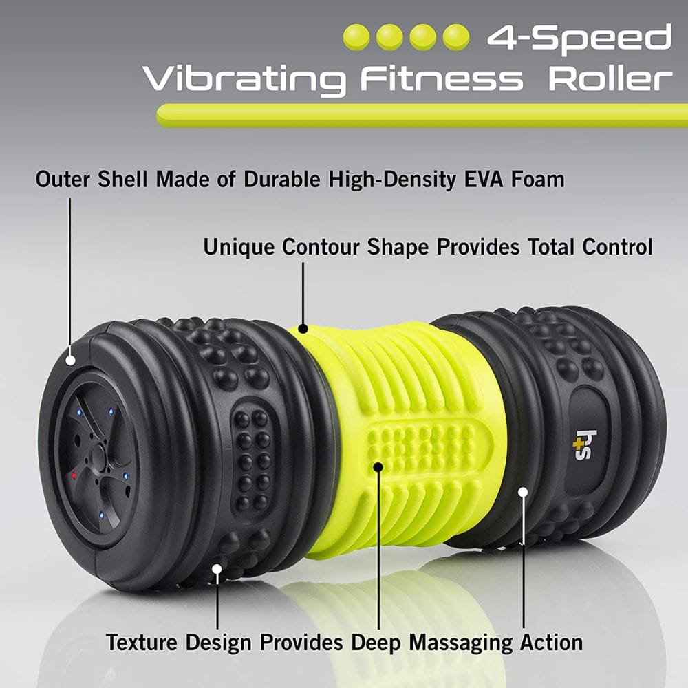 4-Speed Vibrating Fitness Roller with features highlighted on a gray background