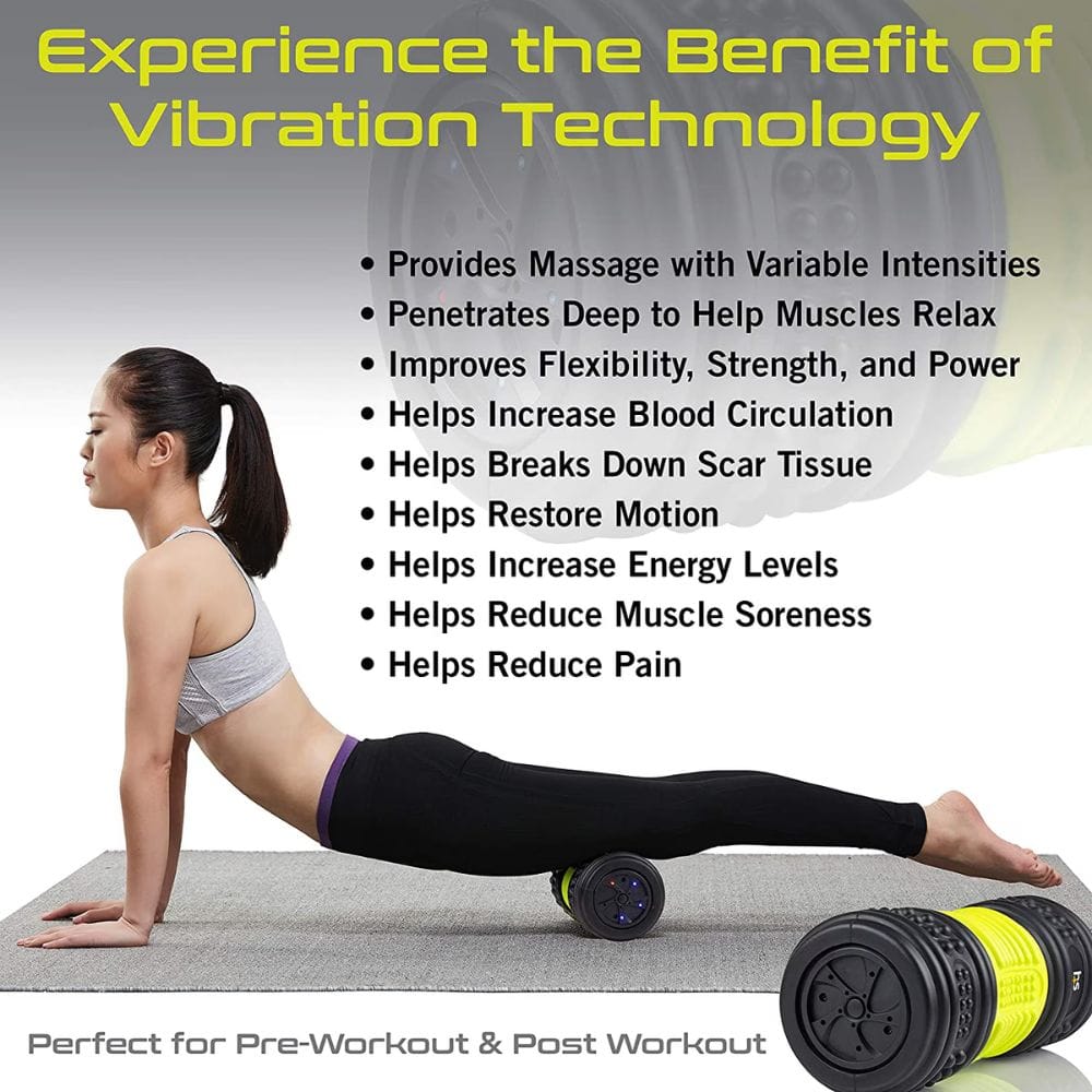 Woman using a vibration roller with text highlighting benefits of vibration technology.