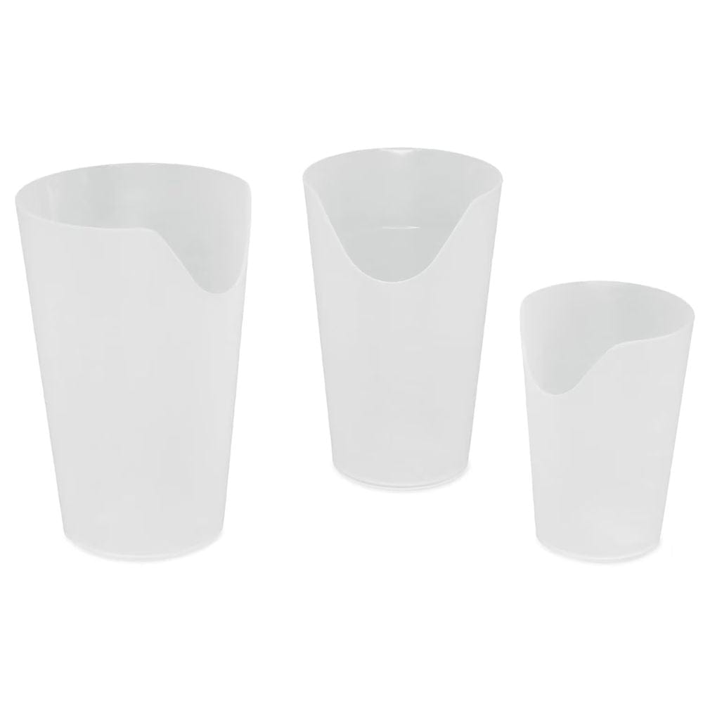 Three white plastic cups of different sizes on a white background