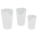 Three white plastic cups of different sizes on a white background