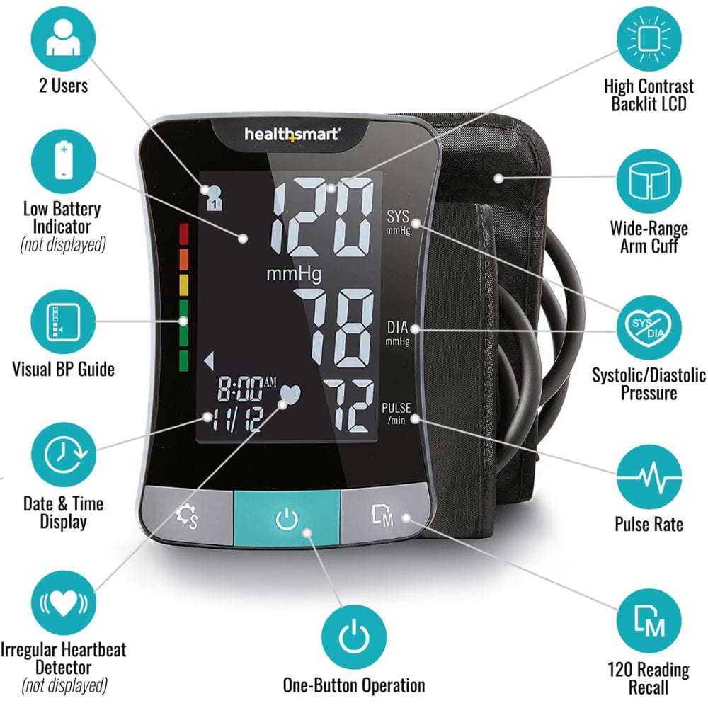 HealthSmart blood pressure monitor with feature icons on a white background