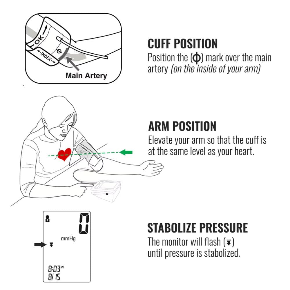 Instructions for using a blood pressure monitor with diagrams and text.