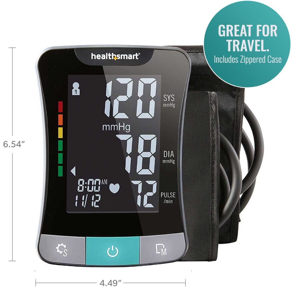 Healthsmart blood pressure monitor with digital display on a white background