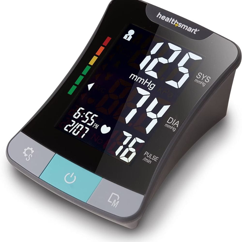 HealthSmart blood pressure monitor displaying readings on a white background