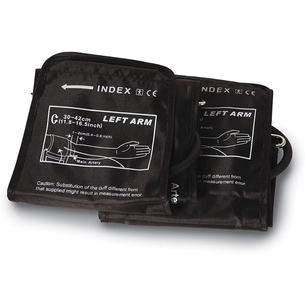 Black blood pressure cuff with measurement instructions on a white background