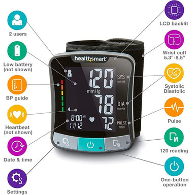 Healthsmart blood pressure monitor with features listed on a white background