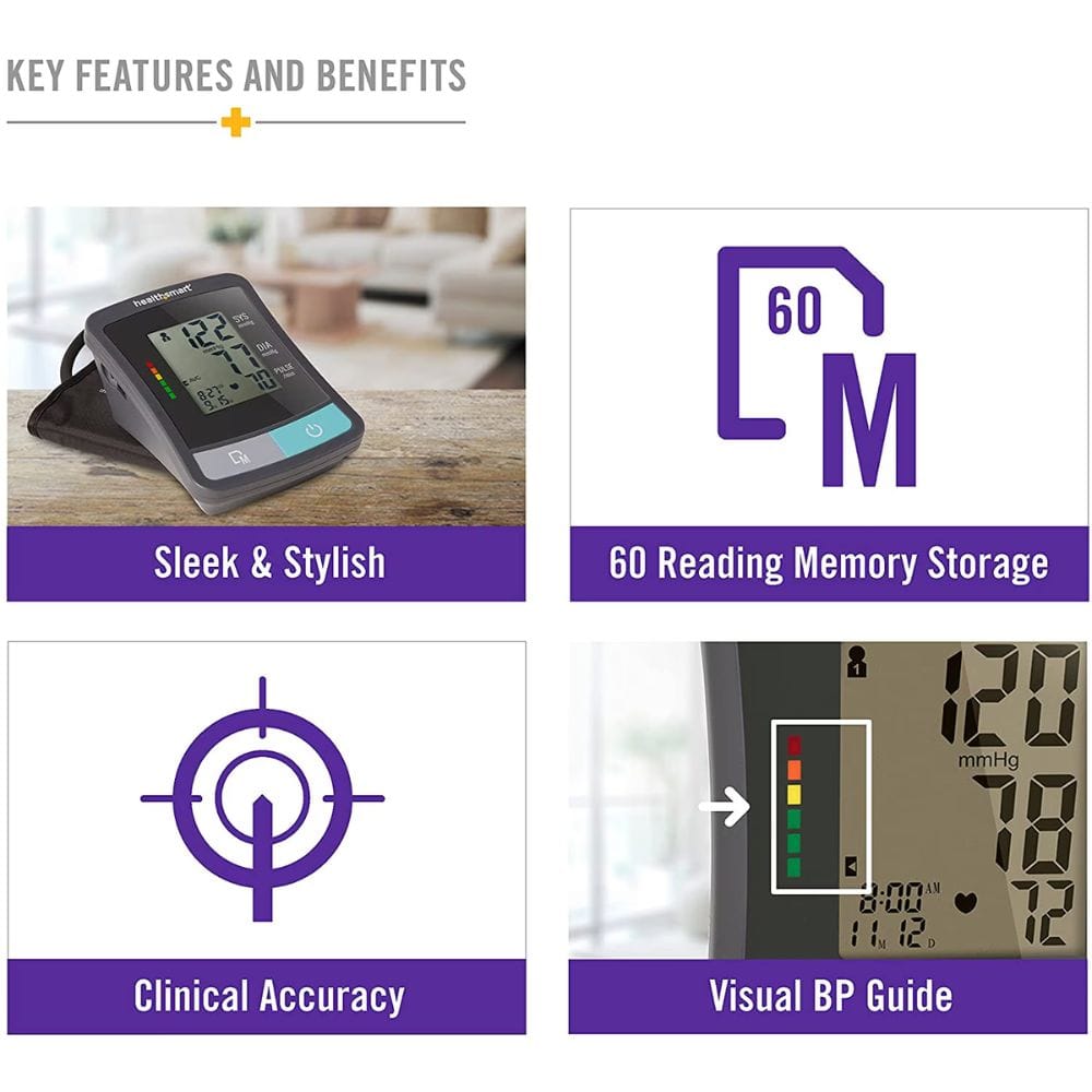 Blood pressure monitor with features like sleek design, memory storage, clinical accuracy, and visual BP guide on a white background.