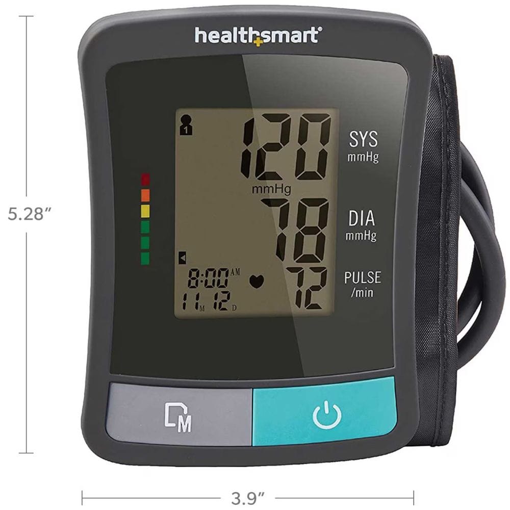 Healthsmart blood pressure monitor with digital display on a white background