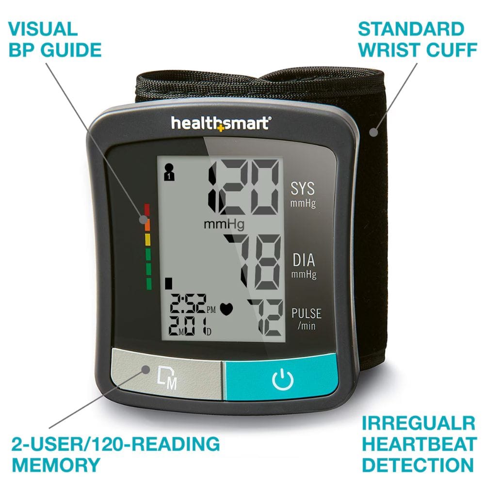 Healthsmart blood pressure monitor with digital display on a white background