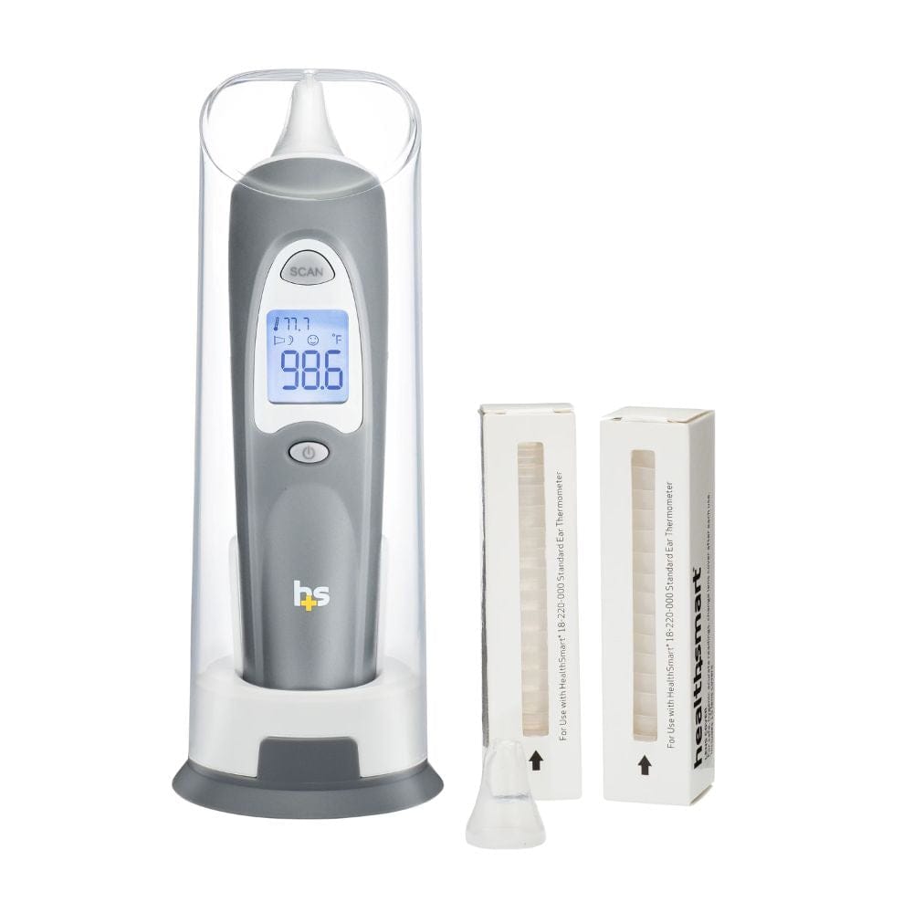 Digital thermometer with packaging on a white background