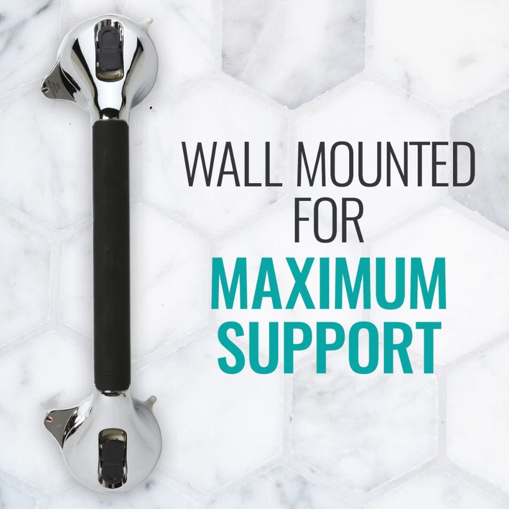 Metal grab bar with text 'Wall Mounted for Maximum Support' on a marble background