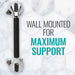 Metal grab bar with text 'Wall Mounted for Maximum Support' on a marble background
