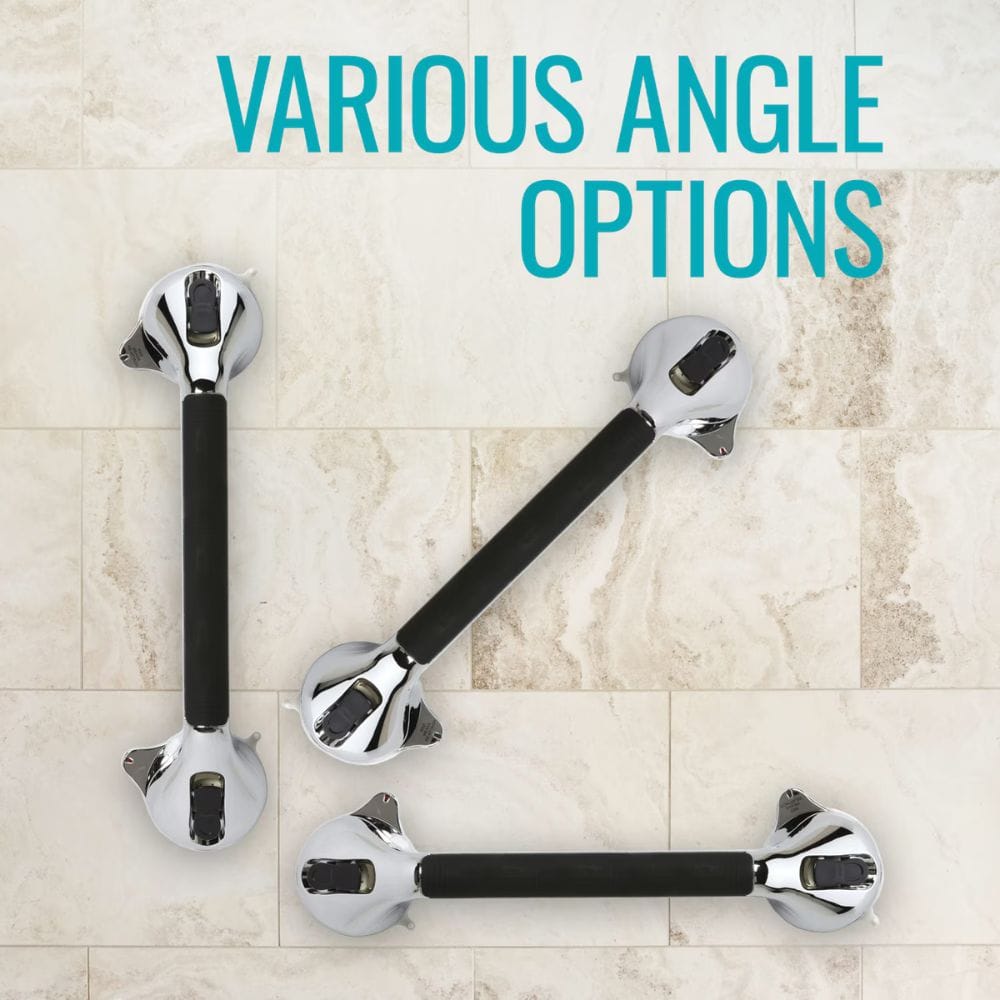 Three door handles with black grips on a tiled floor, labeled 'Various Angle Options'.