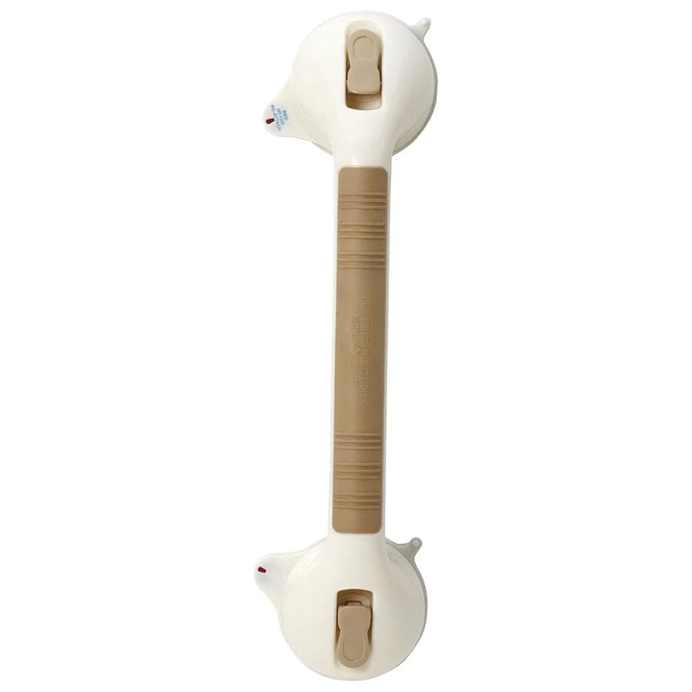 White and brown handle with a cartoon face design on a white background