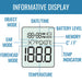 Digital thermometer with labeled display elements on a blue background