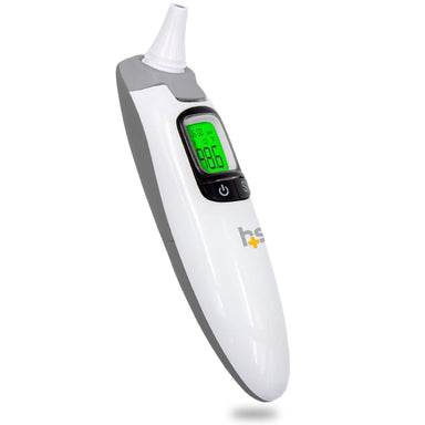 Digital ear thermometer with a white and gray design on a white background