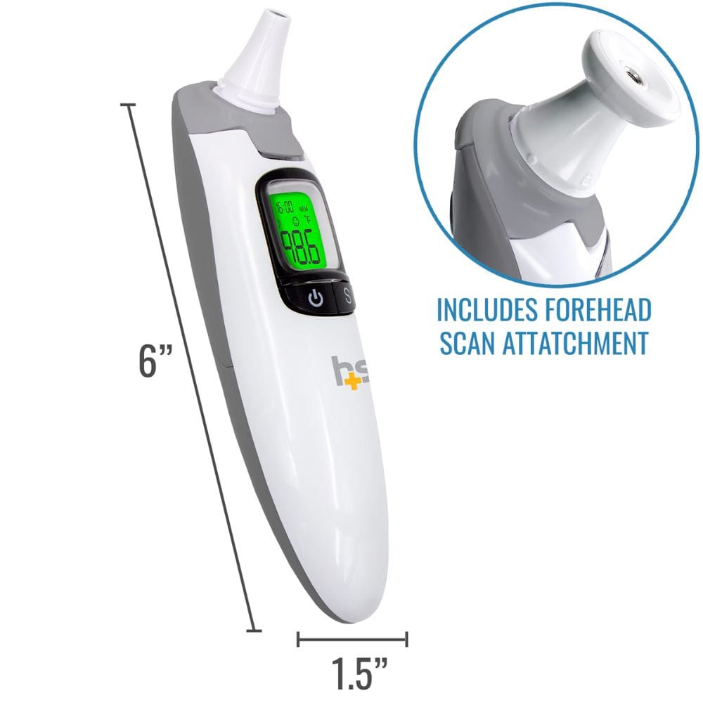 Digital ear thermometer with a close-up inset and measurement details on a white background