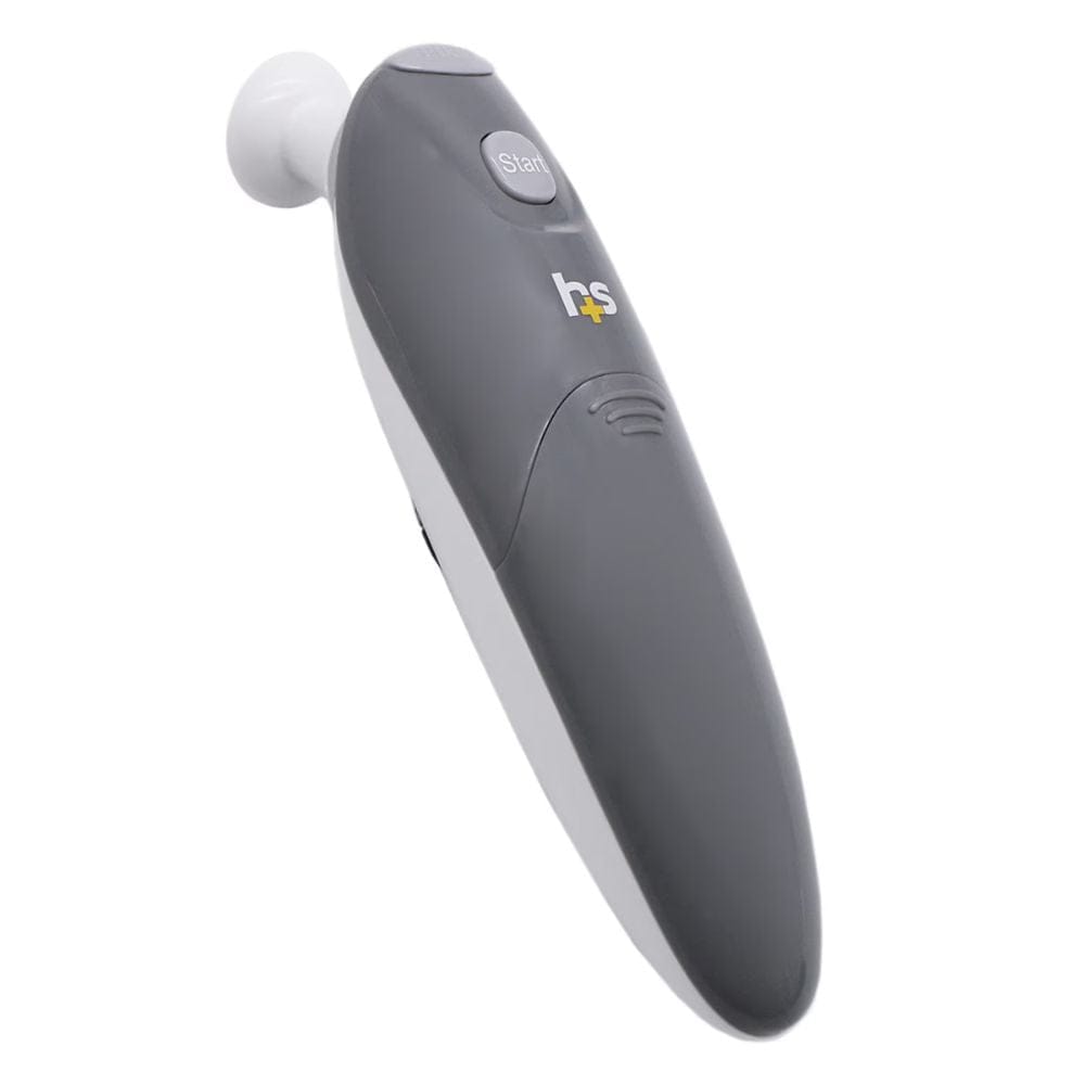 Gray handheld device with a white button on a white background