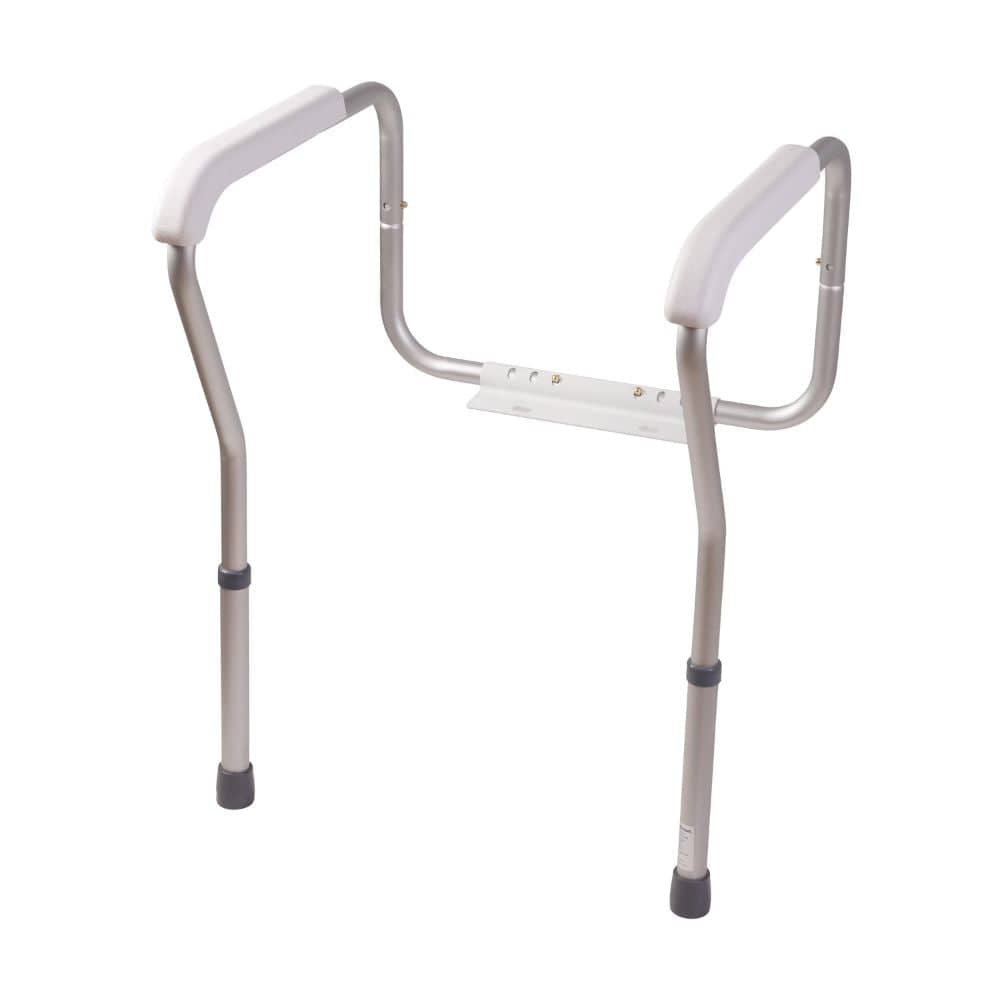 Metal bathroom safety rail with white padding on a white background