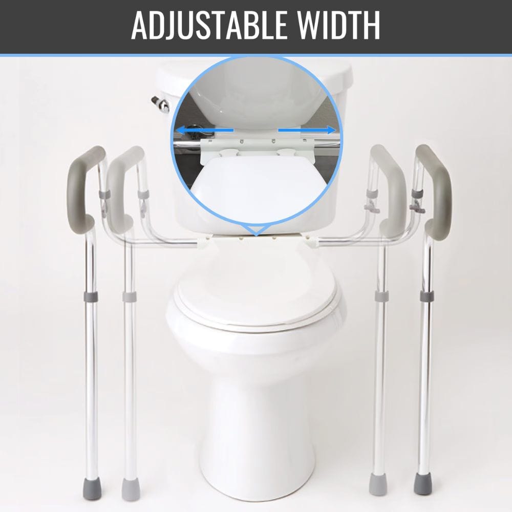 Adjustable width toilet seat with handles on a white background